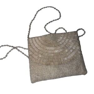 MOYNA Elegant Beaded Evening Clutch Bag Chain Strap‎ Silver White Pearl Accents